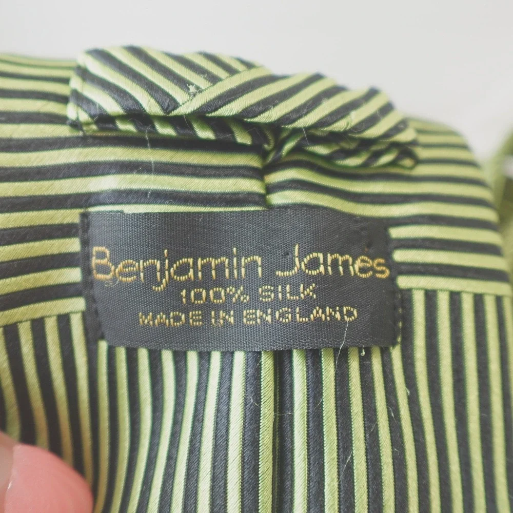 Benjamin James Neck Tie 100% Silk Green Black Abstract Striped 58 in Retro 80s